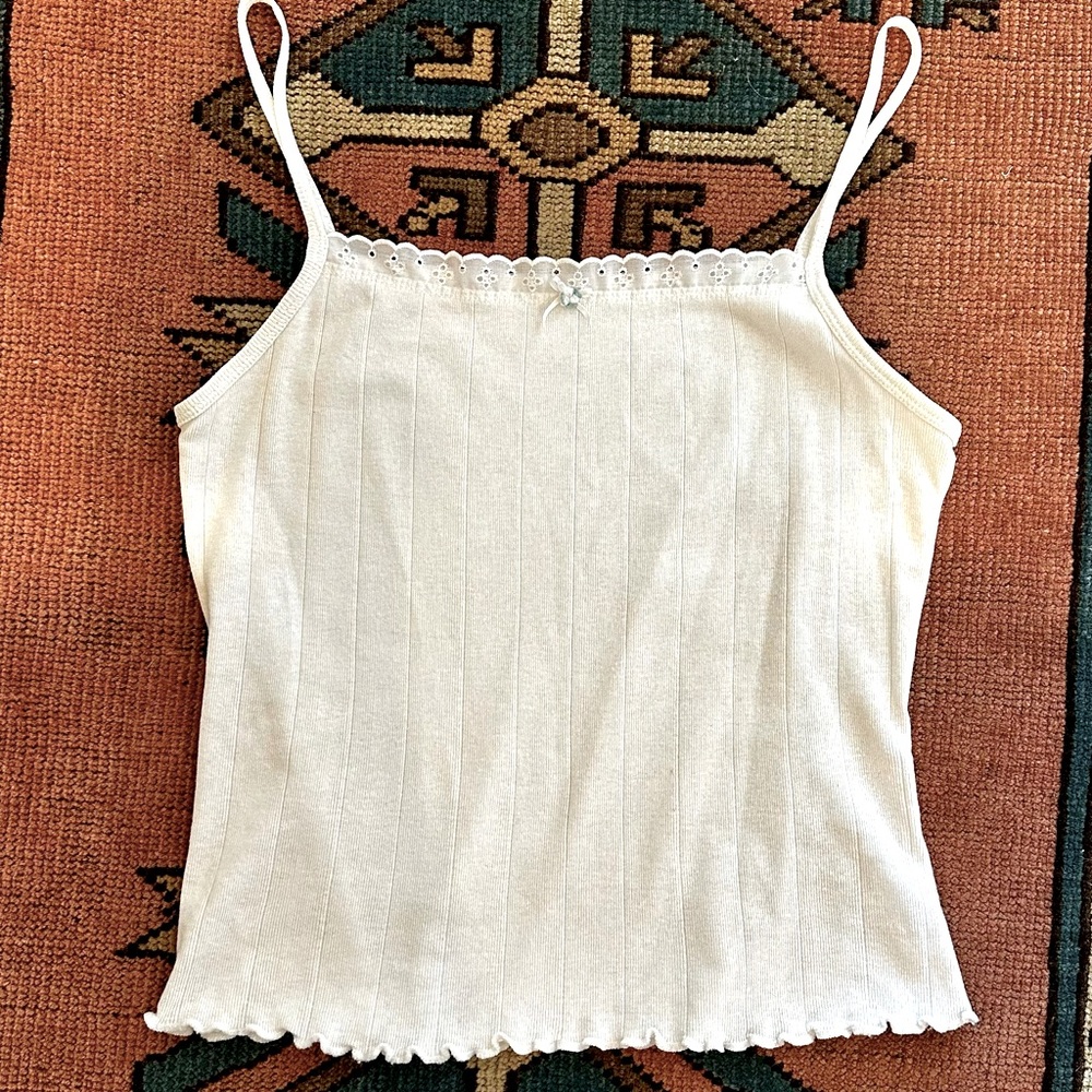 True vintage trendy coquette white tank top cami lace pointelle lettuce hem